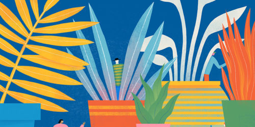 Illustration of workers and office plants