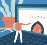 Illustration of a woman pointing at a laptop screen, that has a door and the words ENTER