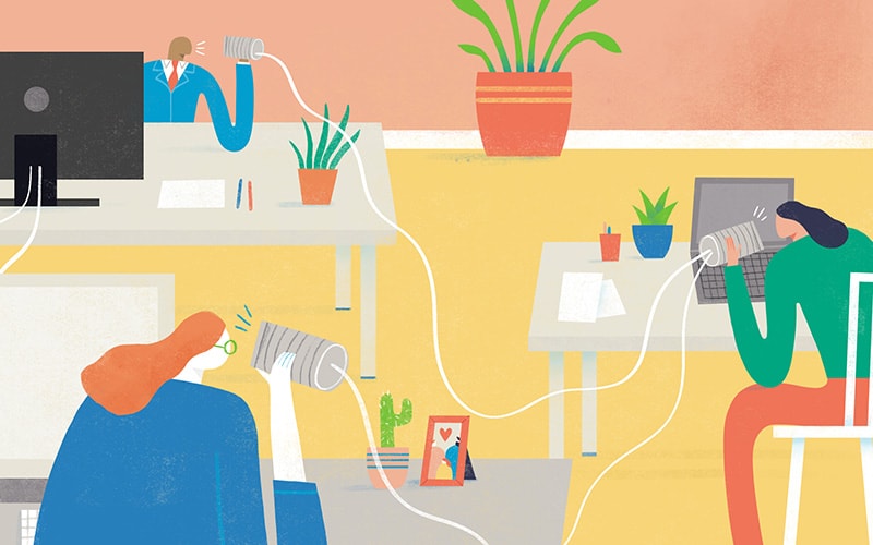 effective-communication-workplace.jpg Illustration of office workers communicating with tin-can phones