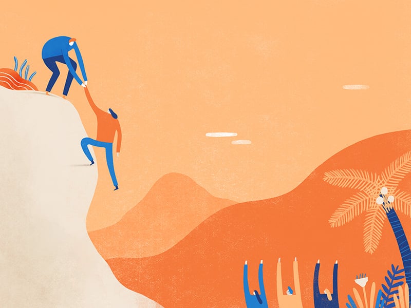 leadership-styles Illustration of a man helping a woman up a cliff with people cheering them on
