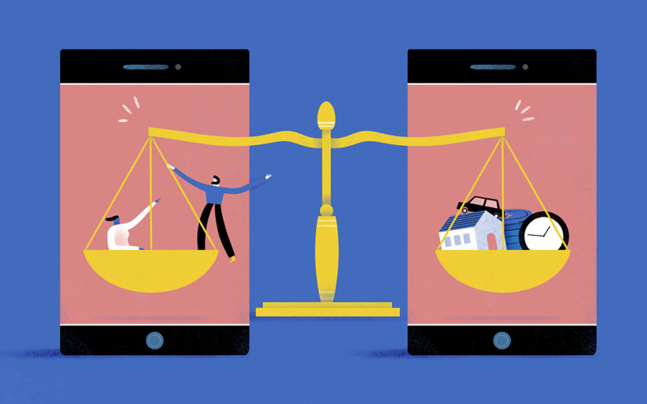 life-plan-apps Illustration of a scale balancing two people and materialiscit items
