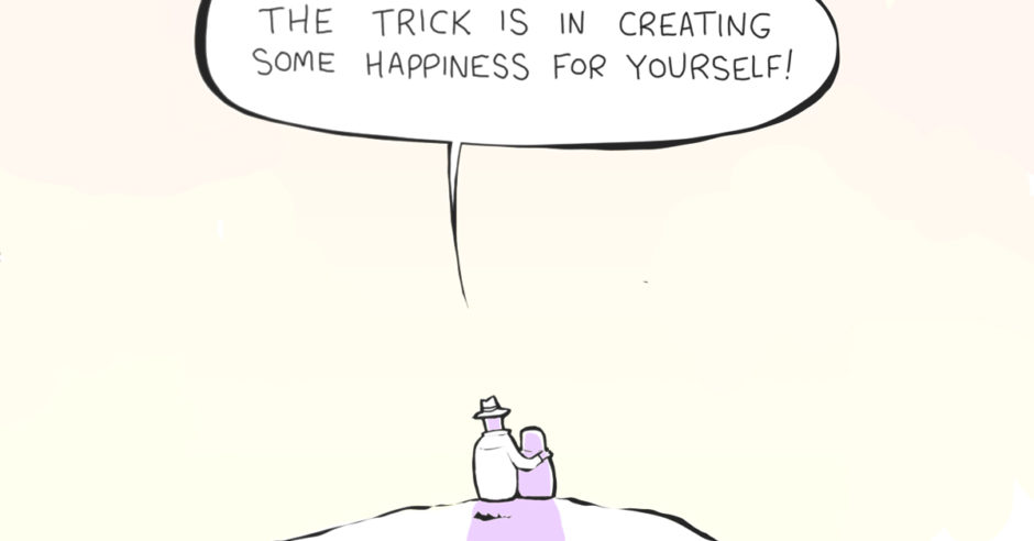 Zach-comic-shareimg-How-Grow-Cultivate-Online-Community-1 Illustration of someone giving advice: the trick is in creating some happiness for yourself
