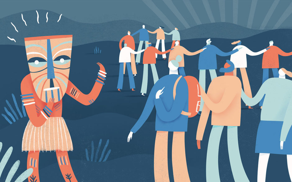 dark-triad-workplace Illustration of a group of people encountering someone foreign