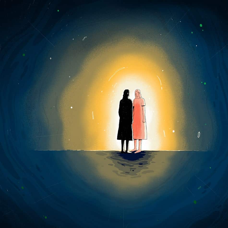 woman looking into void and he mirror image is on the other side signifying the loss of identity when you loose a job title