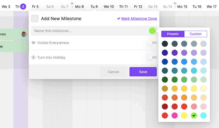 Create color-coded milestones with Toggl Plan