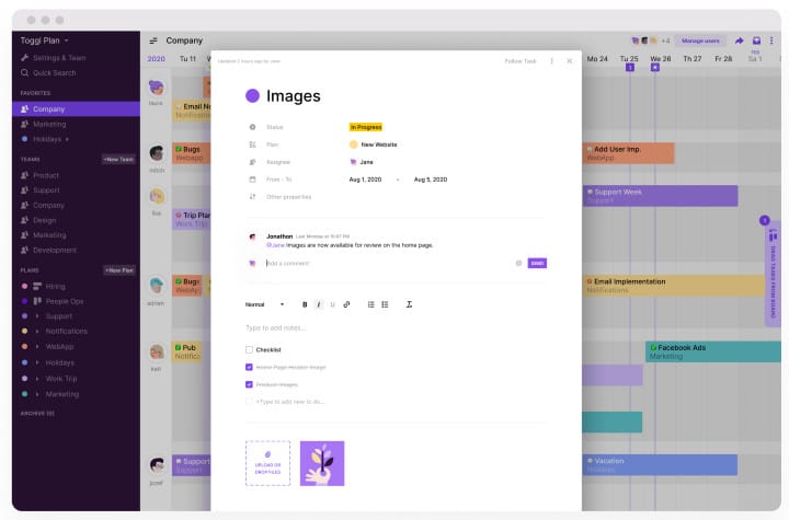 Add comments, attach files, and include checklists with Toggl Plan tasks to ensure smooth collaboration.