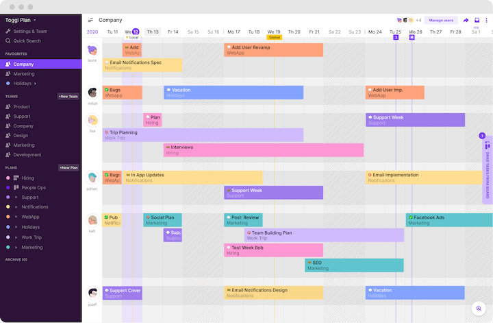 Toggl Plan's Team Timeline is a perfect resource calendar 