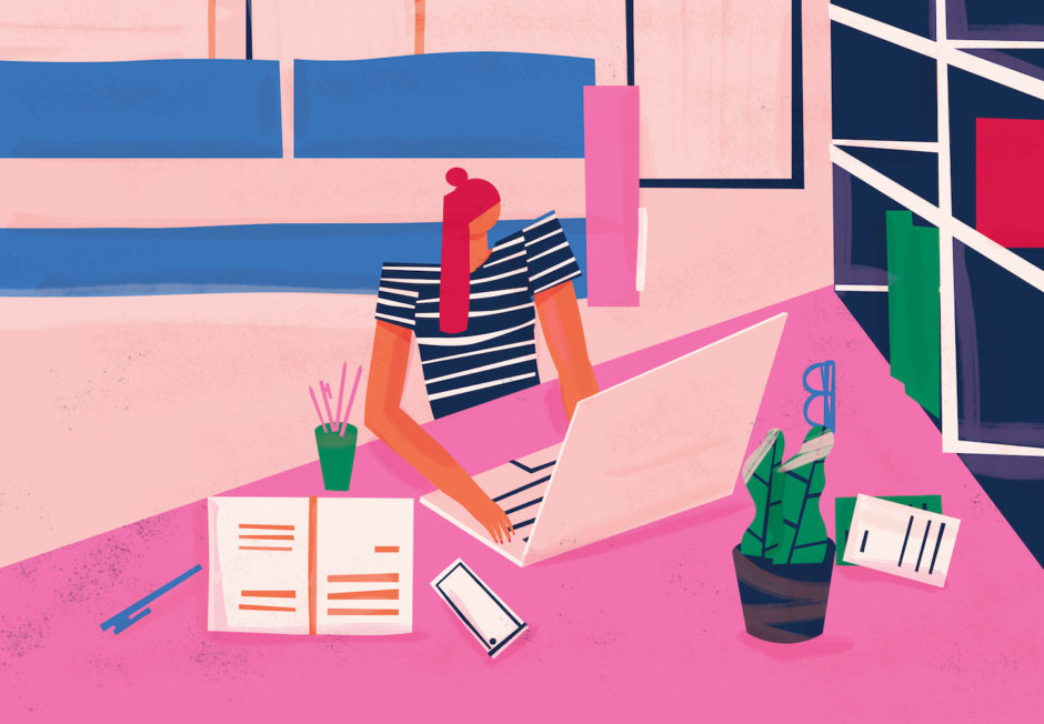 Remote worker doing telecommuting at home office environment. Work from home. Colorful conceptual illustration. Remote worker doing telecommuting at home office environment. Work from home. Colorful conceptual illustration.