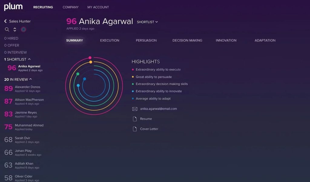 candidate profile in plum.io