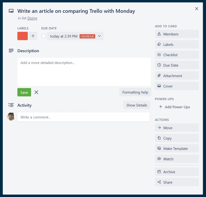 Trello has a very detailed task card