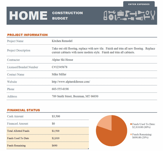 Residential construction budget template