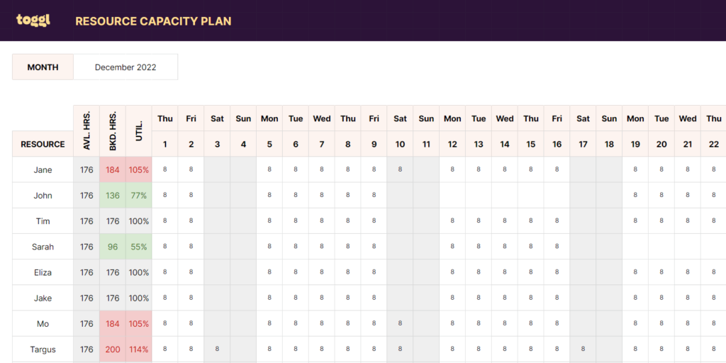 Resource capacity planning template