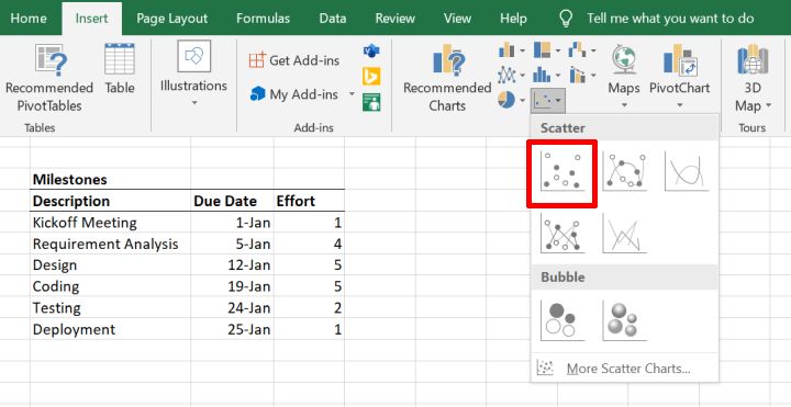 Insert a scatter chart in Excel