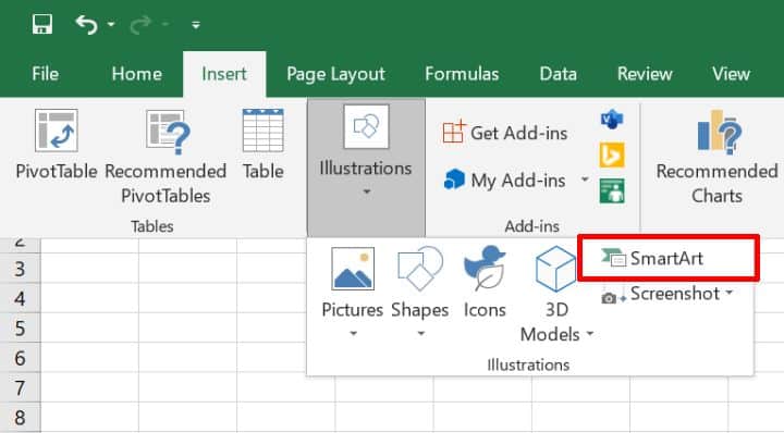 Excel SmartArt menu