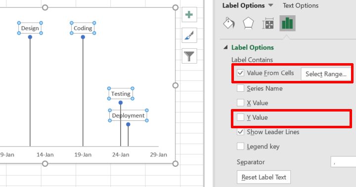 Add data labels to the scatter timeline in Excel