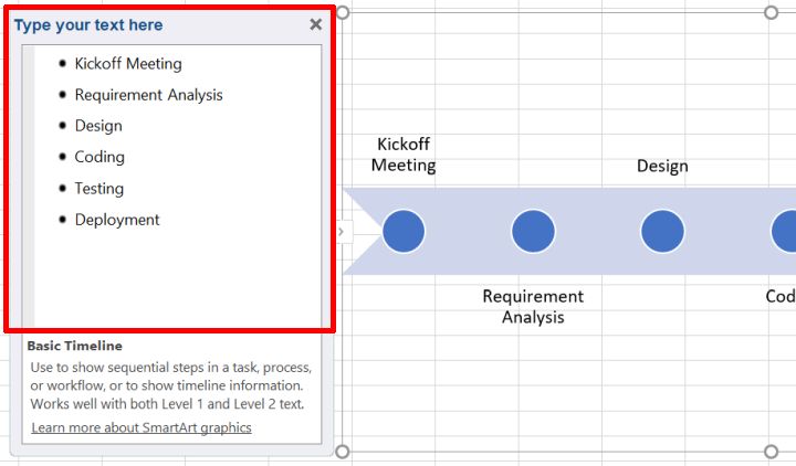 Excel SmartArt timeline data