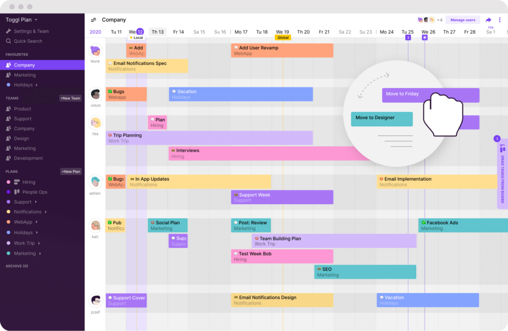 Toggl Plan's drag and drop timelines make it the best planner app for individual projects and team.