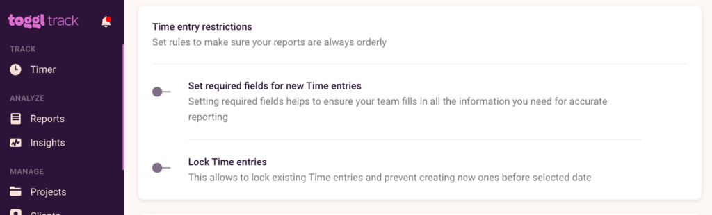 Screenshot of Toggl Track's dashboard showing time entry restrictions settings