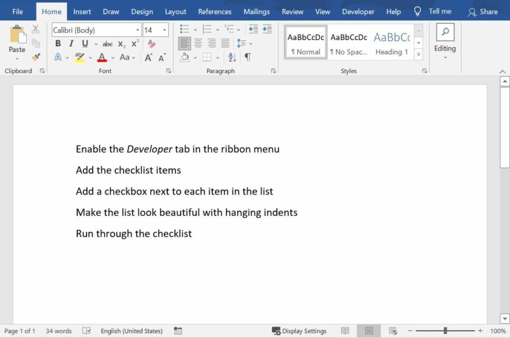 Add checklist items in MS Word