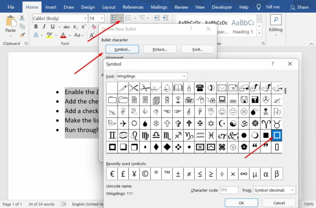 Format checklist item bullets to look like checkboxes