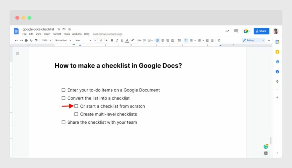 Create a multi-level checklist by hitting the tab key