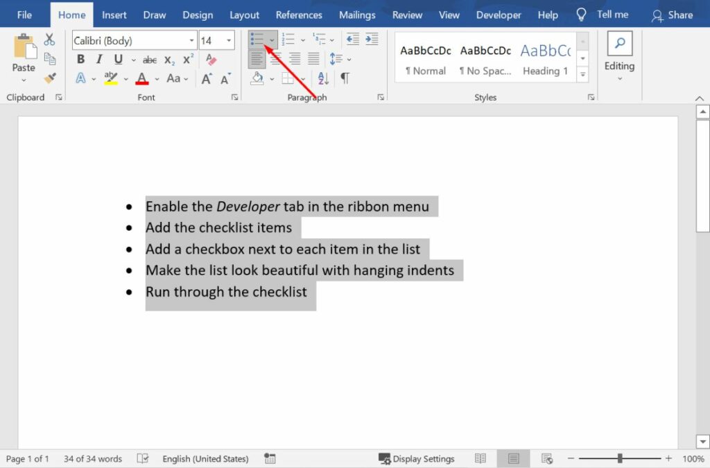 Create an unordered list of checklist items