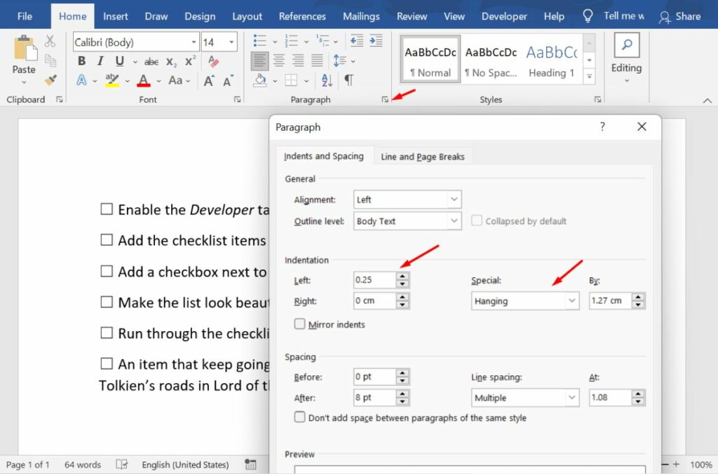 Fix checklist formatting with hanging indents