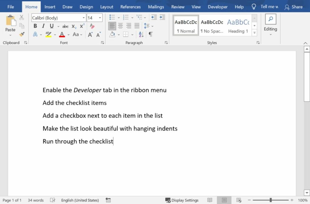 Type checklist items in MS Word