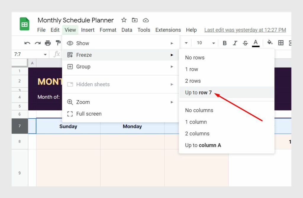 Freeze rows in Google Sheets schedule to improve productivity