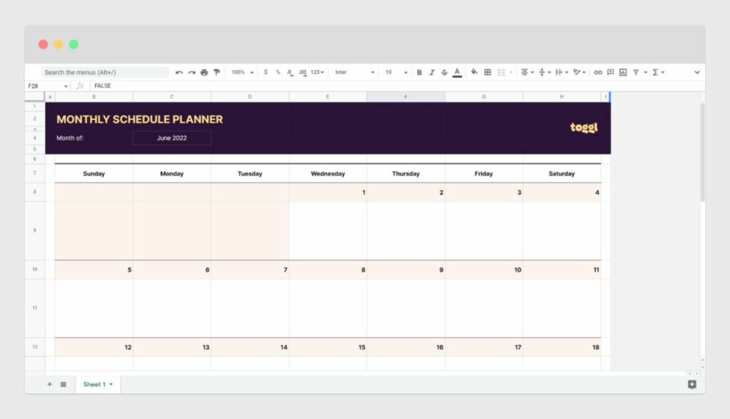 Monthly schedule planner template