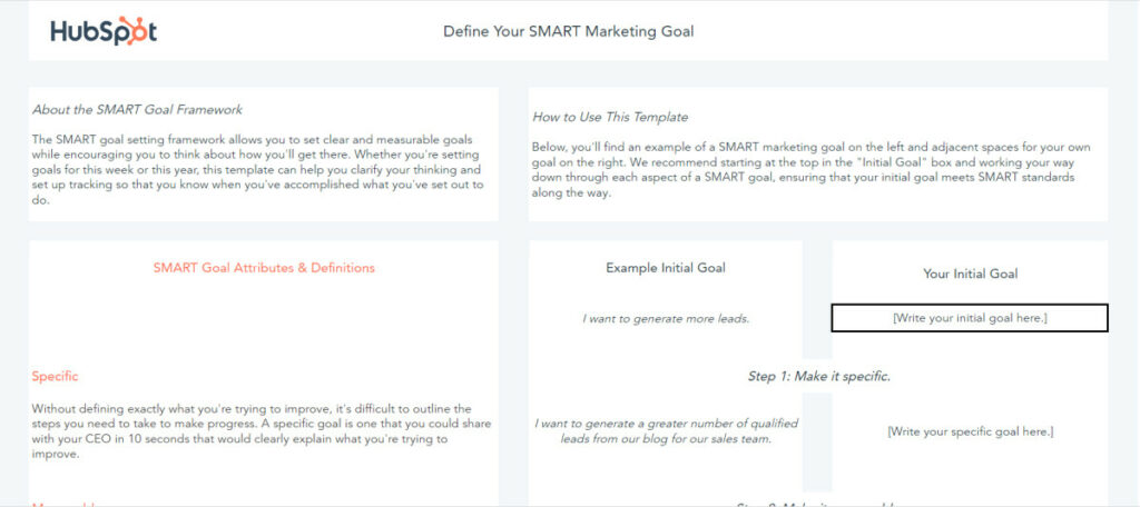 Set goals for the marketing proposal using HubSpot's SMART goals template.