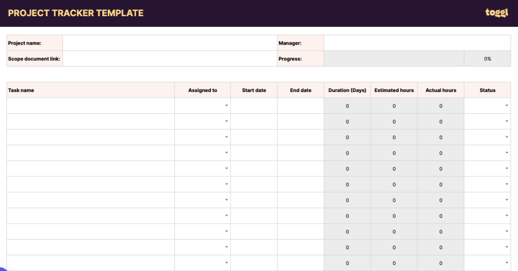 Screenshot of a project tracker template