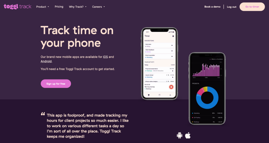 Screenshot of a webpage by Toggl Track showing their time tracking app for Android.