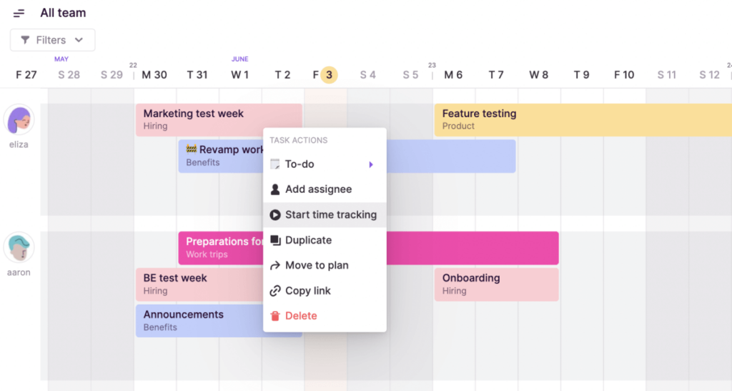 Start time tracking from the Toggl Plan timeline