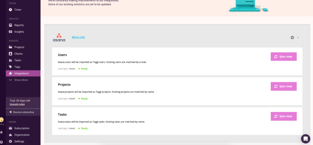 Screenshot of Toggl Track integration with Asana