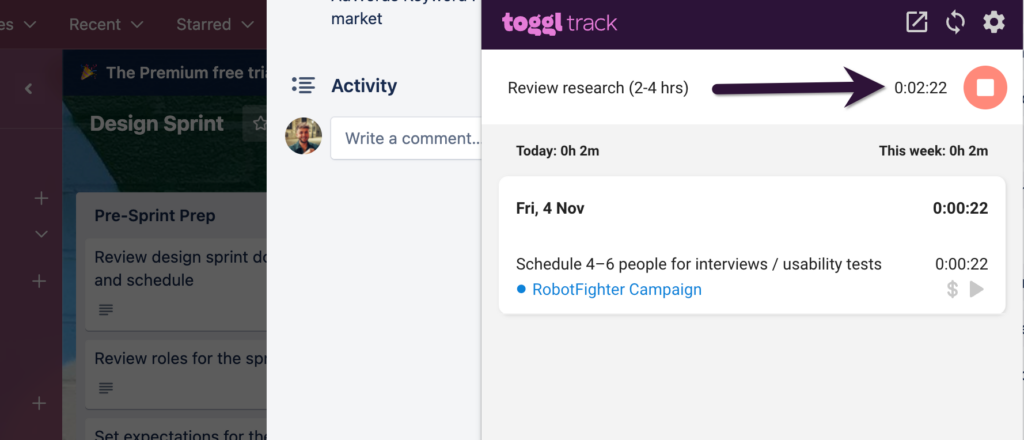 Screenshot of Toggl Track chrome extension timer