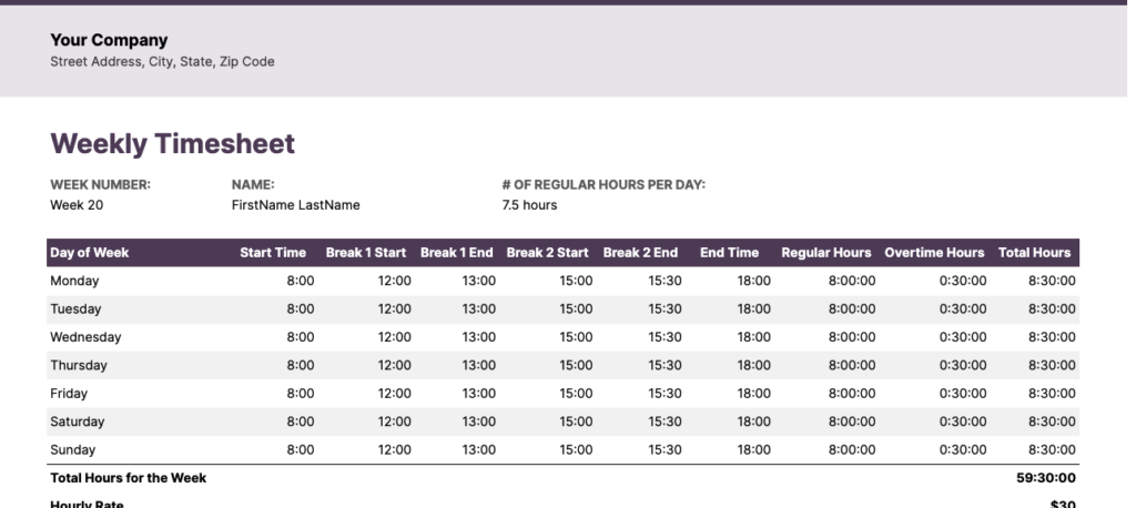 Weekly timesheet template