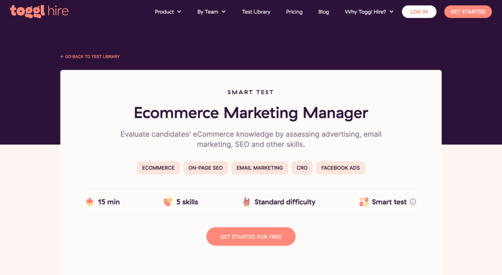 ecommerce marketing manager skills assessment on Toggl Hire