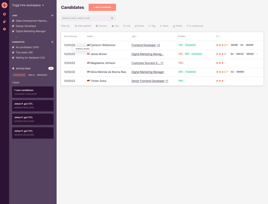 With Toggl Hire, you can build a talent pool of applicants who took skills assessments for any role. 