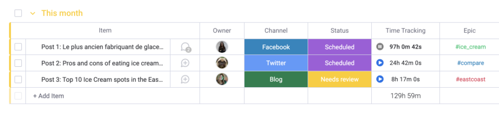 Monday.com's inbuilt time tracking