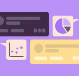 Illustration of project cards and speech bubbles containing a line graph and a bar chart