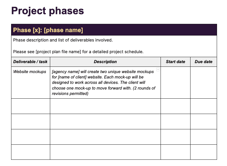 Screenshot of a statement of work template in google docs