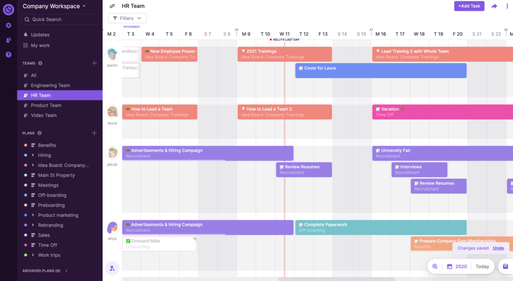 Screenshot of a project timeline in Toggl Plan