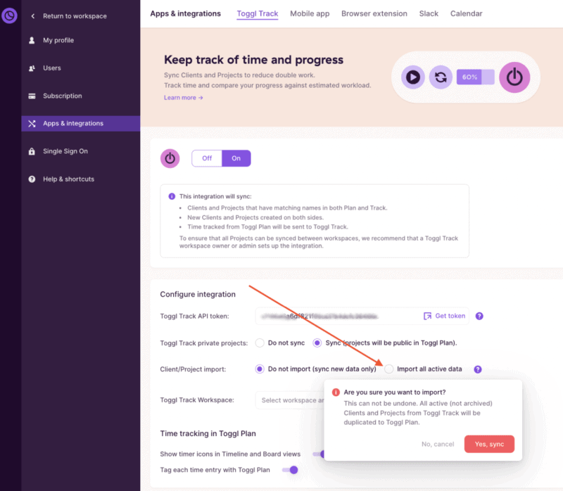 Toggl Plan + Track integratin options