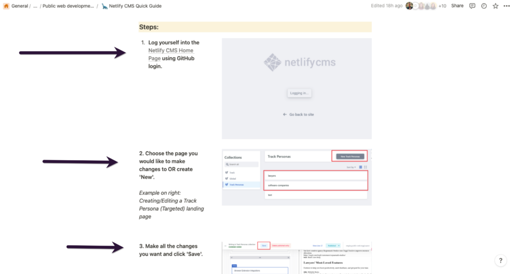 Screenshot of a Toggl SOP for editing web pages through Netlify.