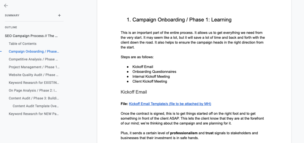 Screenshot of an SOP covering the entire SEO campaign process for clients.