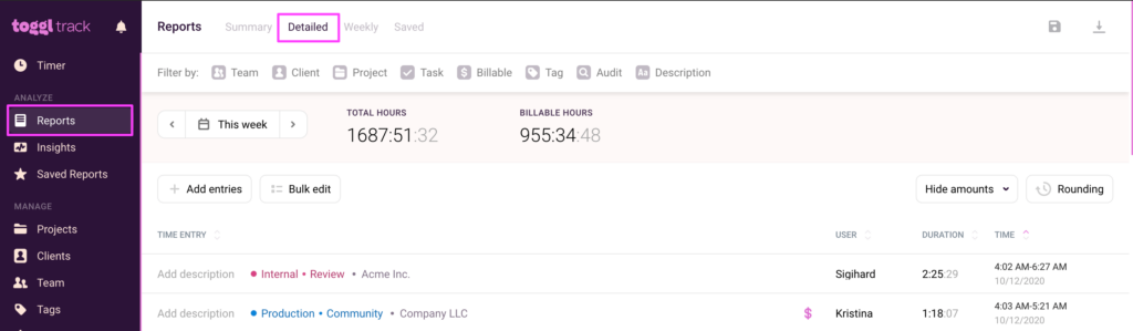 Detailed Report in Toggl Track