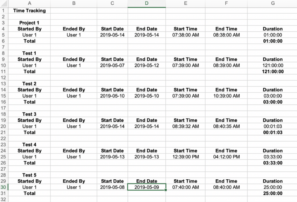 Screenshot of time tracking data in excel from monday.com