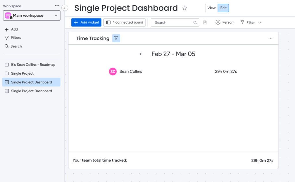 Screenshot time tracking widget in monday.com