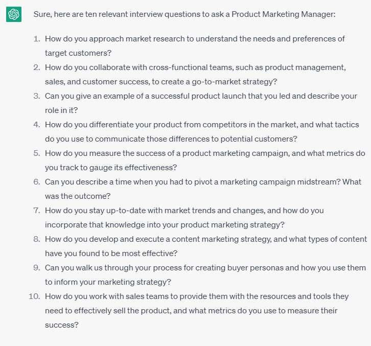 Get help from ChatGPT to create appropriate interview questions for core or common roles, based on a job description for instance.